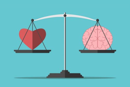 Heart and brain on scales. Balance, love, mind, intelligence, logic concept. Flat style. EPS 8 vector illustration, no transparency